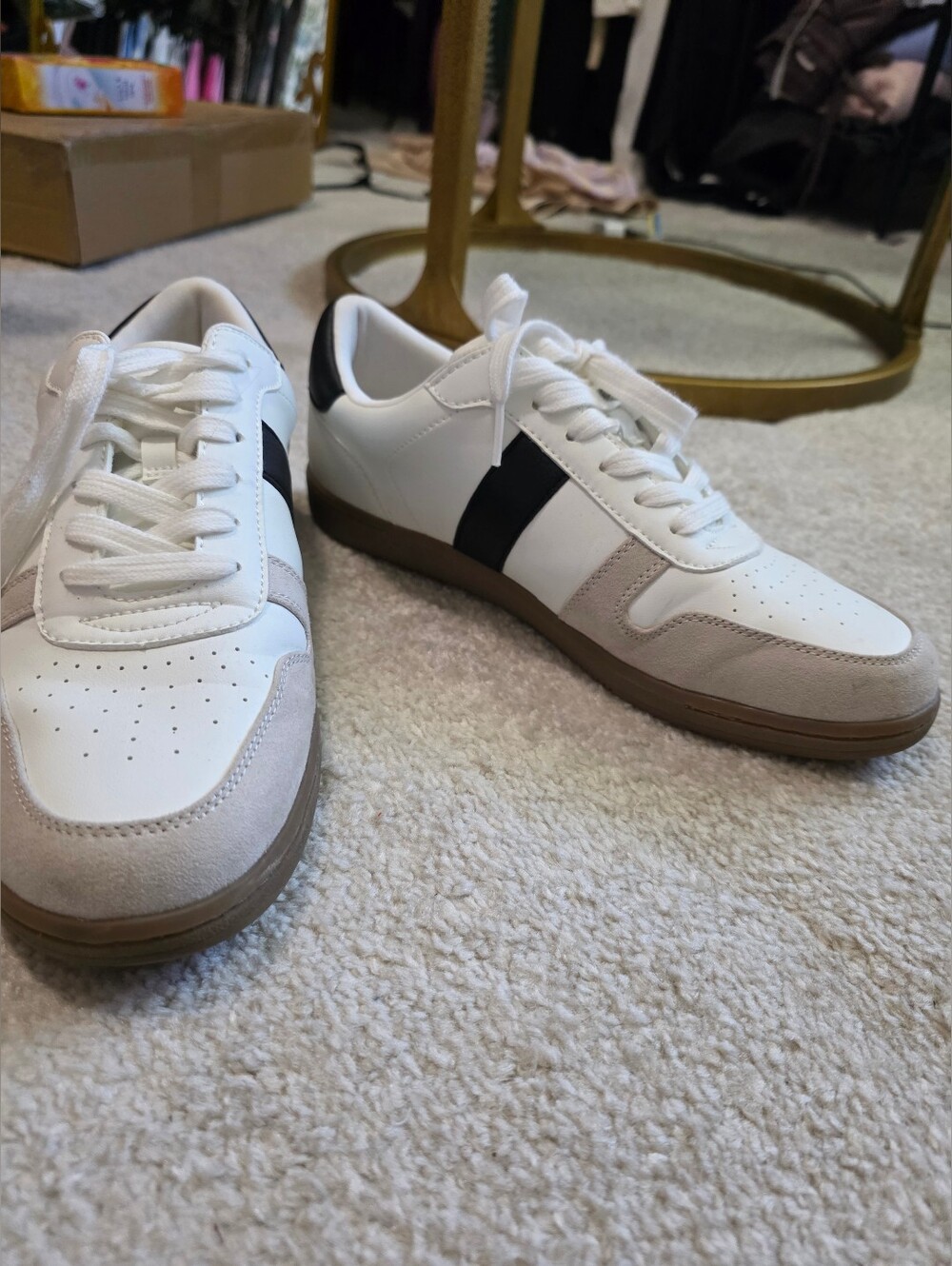 White & Taupe Retro Sneakers with Black Stripe womens Size 9.5